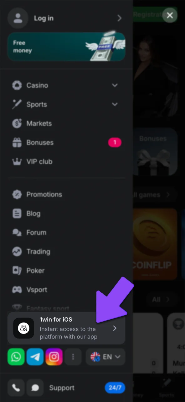 Scroll to 1win Lucky Jet PWA setup.