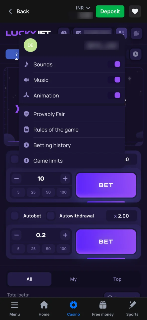 1win profile menu for Lucky Jet players.