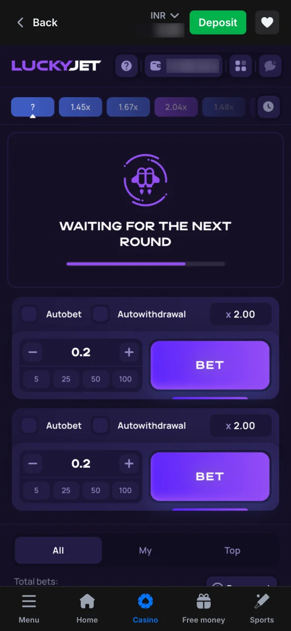 Betting interface in 1win Lucky Jet app.