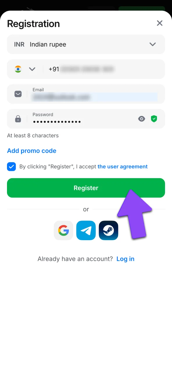 Enter details for 1win Lucky Jet account.