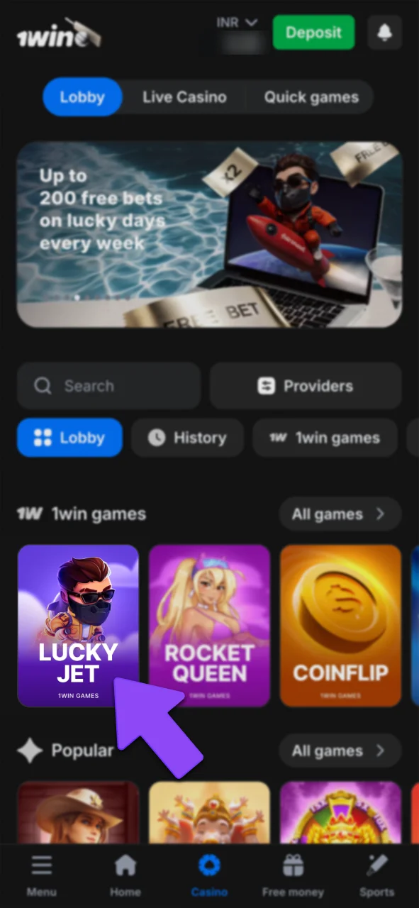 Open 1win Lucky Jet in casino section.