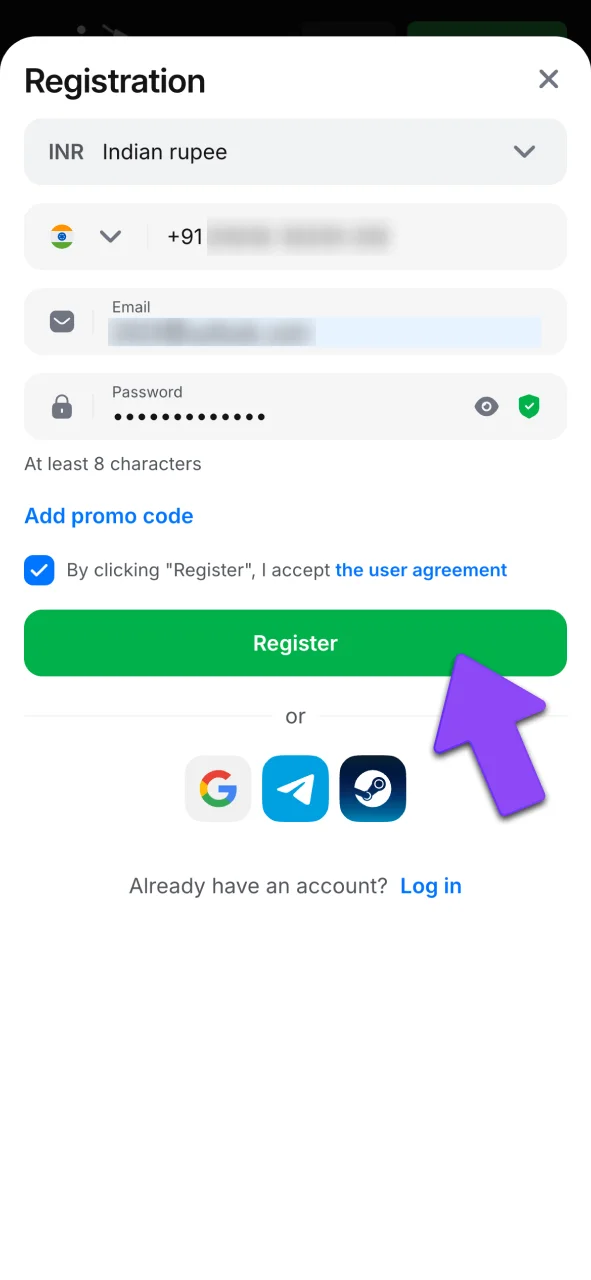 Fill in details for 1win Lucky Jet.