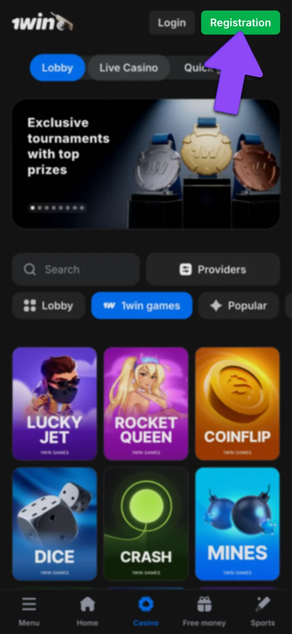 Tap register on 1win Lucky Jet home screen.