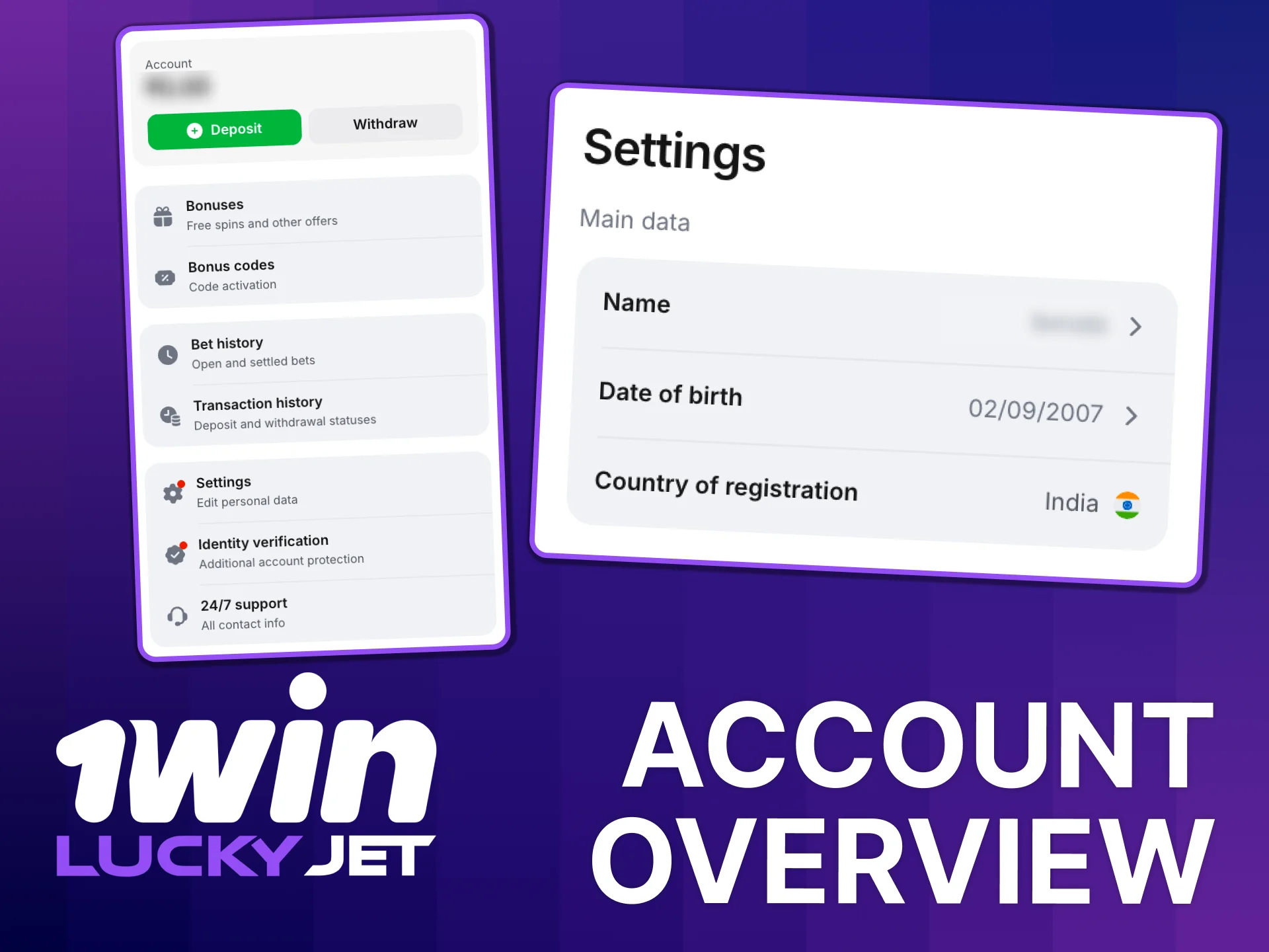Manage 1win Lucky Jet activity and settings.