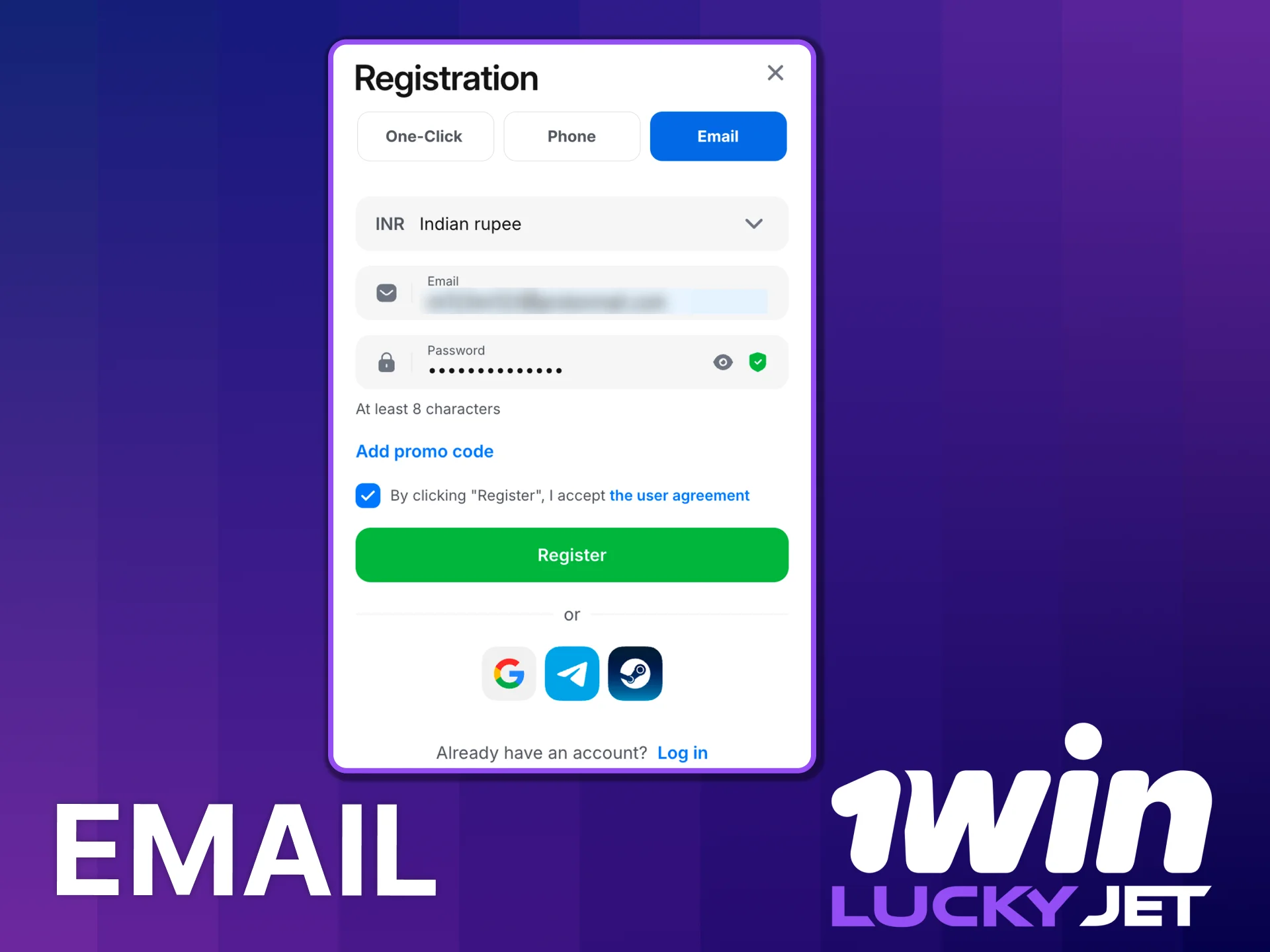 1win Lucky Jet email registration process.