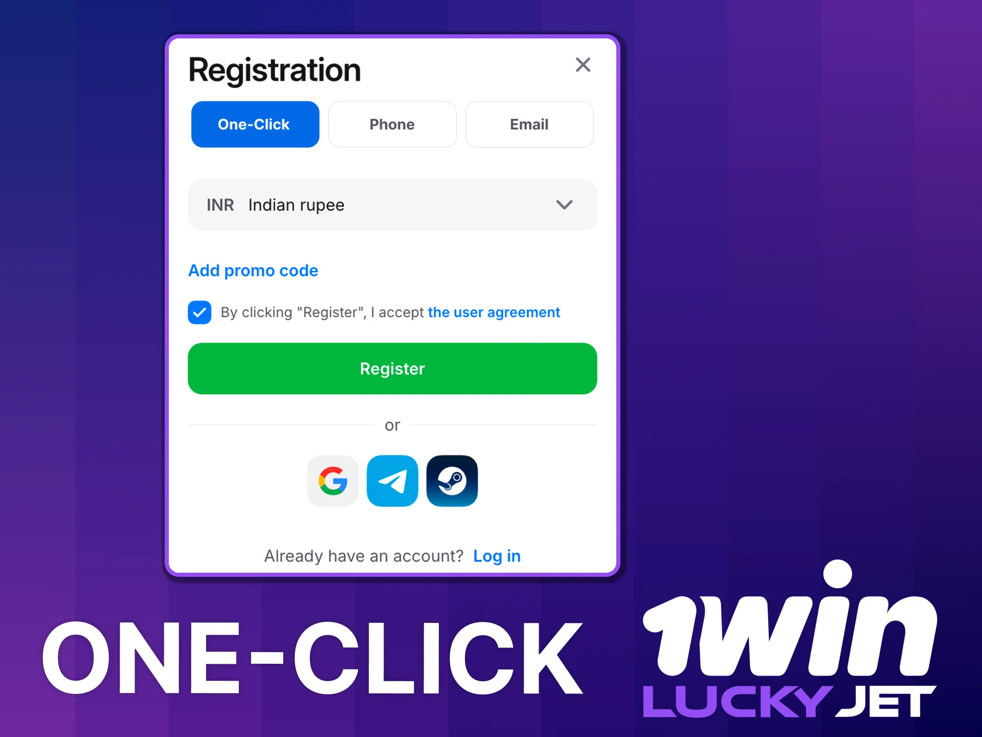 Fast 1win Lucky Jet one-click signup.