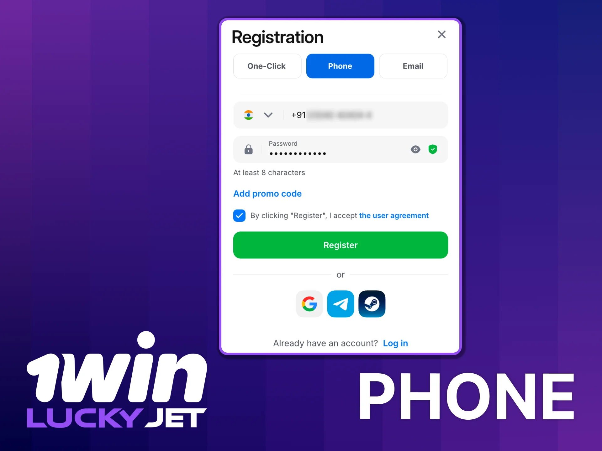 1win Lucky Jet phone number registration.