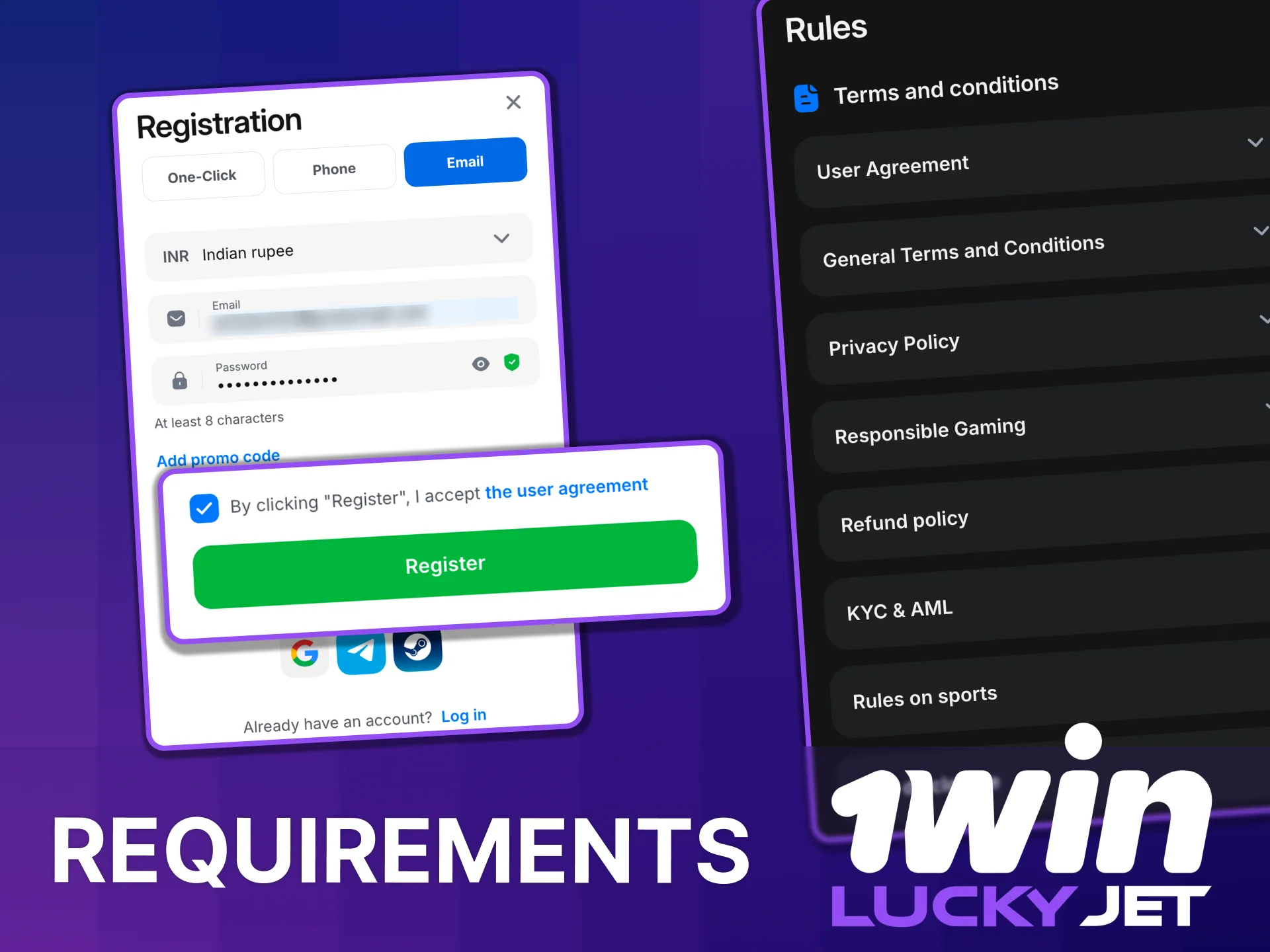 1win Lucky Jet account registration eligibility.