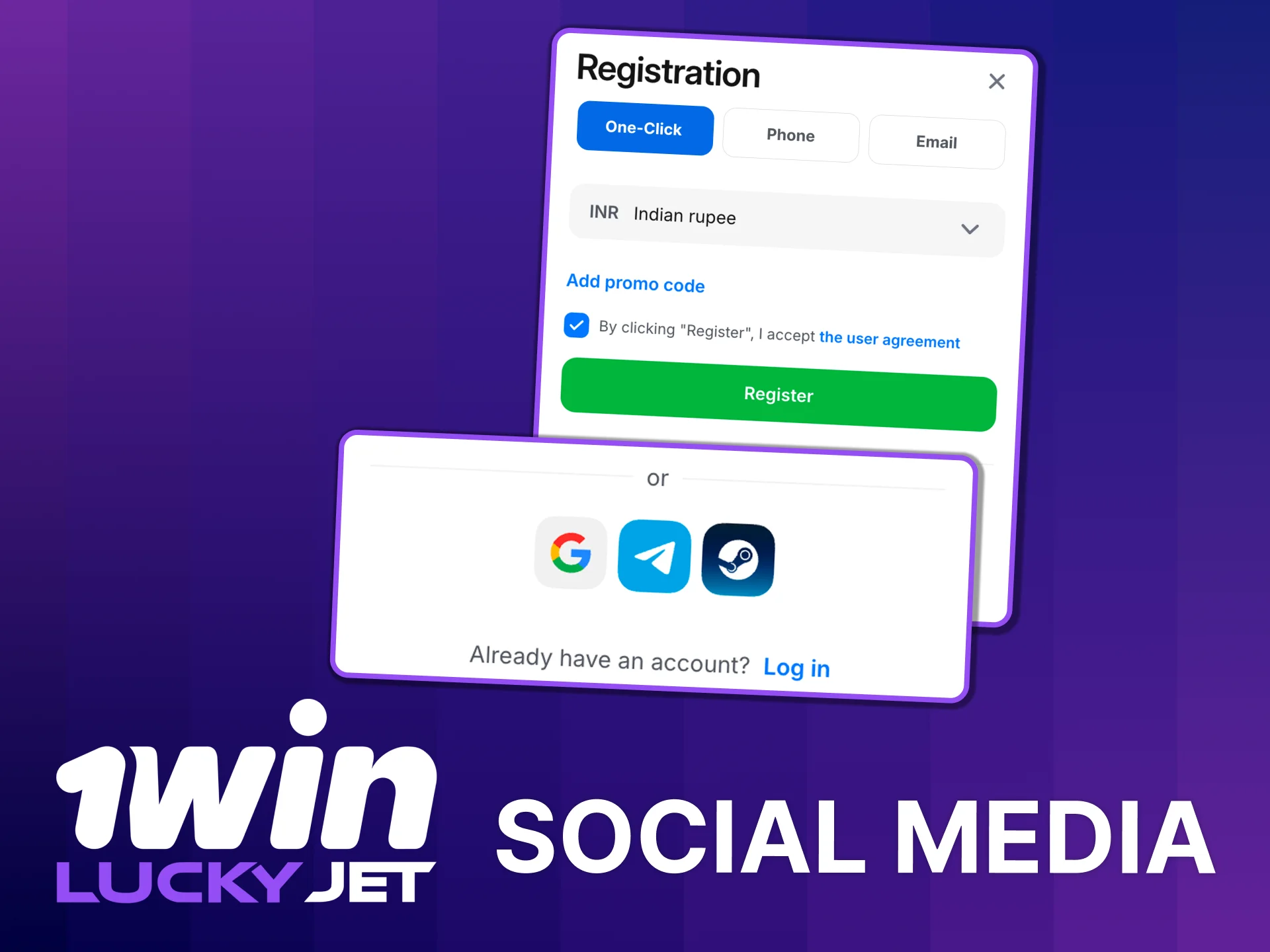 1win Lucky Jet social media login shortcut.